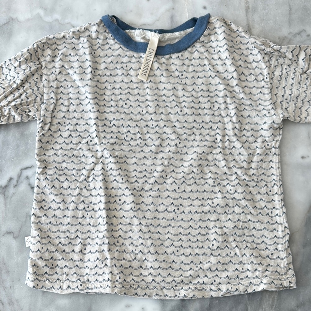 Childhoods Clothing Blue and White Short Sleeve Boxy Tee with Ribbed Collar